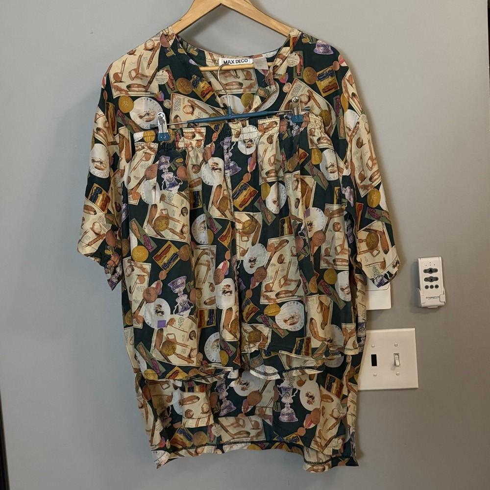 Max Deco Silk Shirt Shorts Vintage Pullover Lounge Sleep Set L/XL